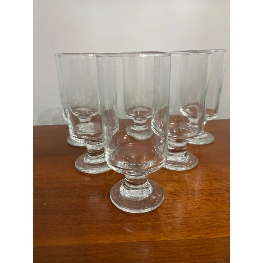 Vintage Set of 6 Clear Footed Glass Tumblers Stemmed Water Barware
